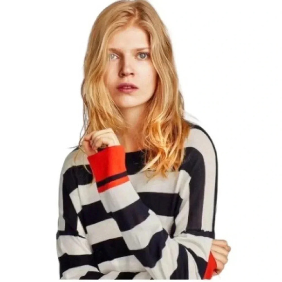 ZARA | Oversized Navy/White Striped Long Sleeve Sweater with Red Trim Size S - Picture 2 of 13
